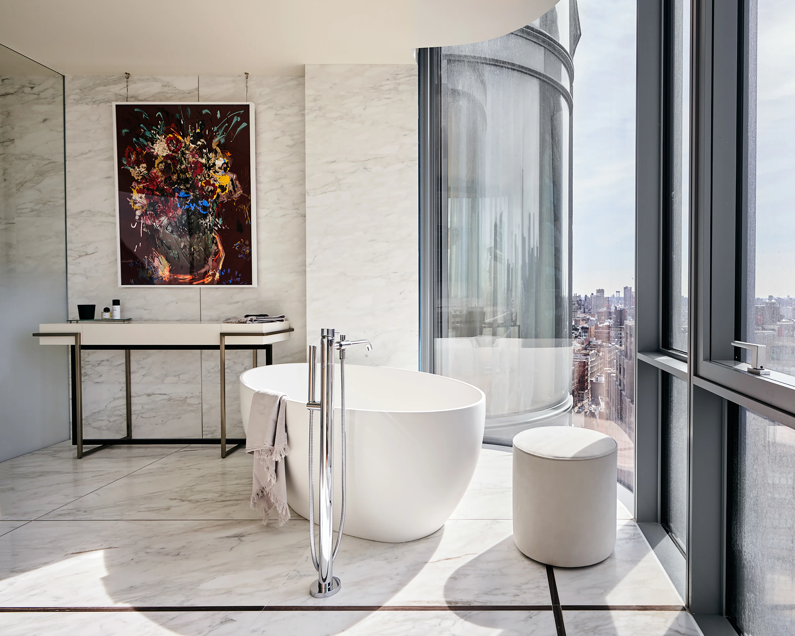 white freestanding bath in bathroom