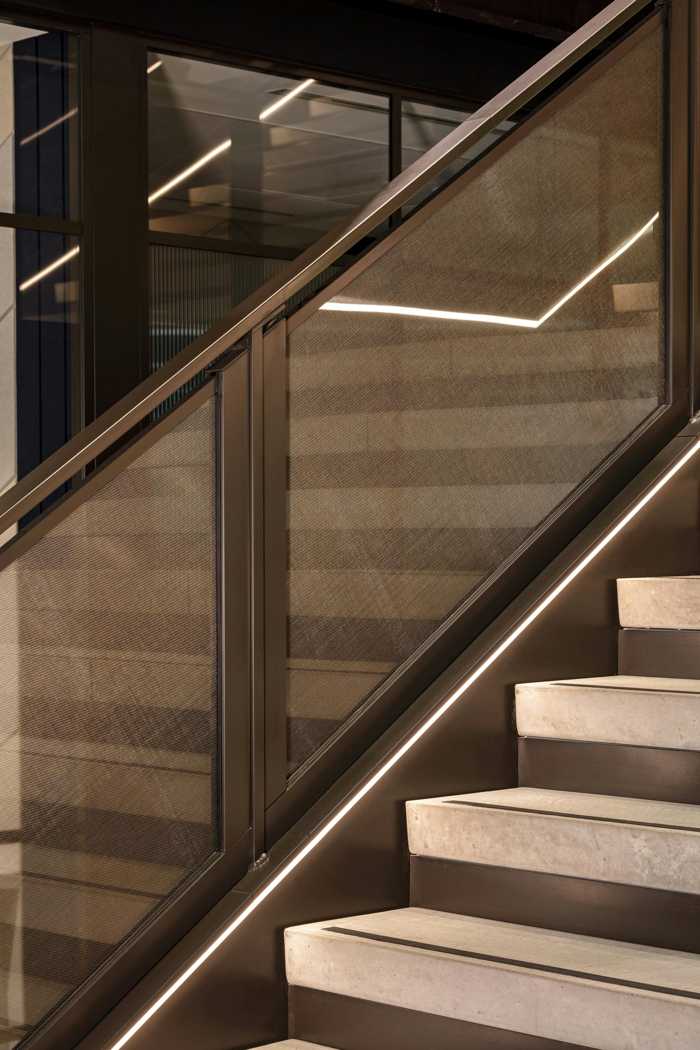 mondrian bronze & glass mesh lighting stairwell detail design