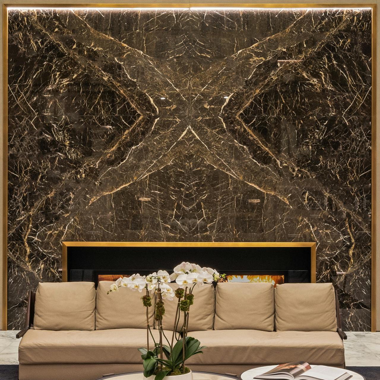 The Greenwich MAWD Lobby Fireplace Marble Interior Design