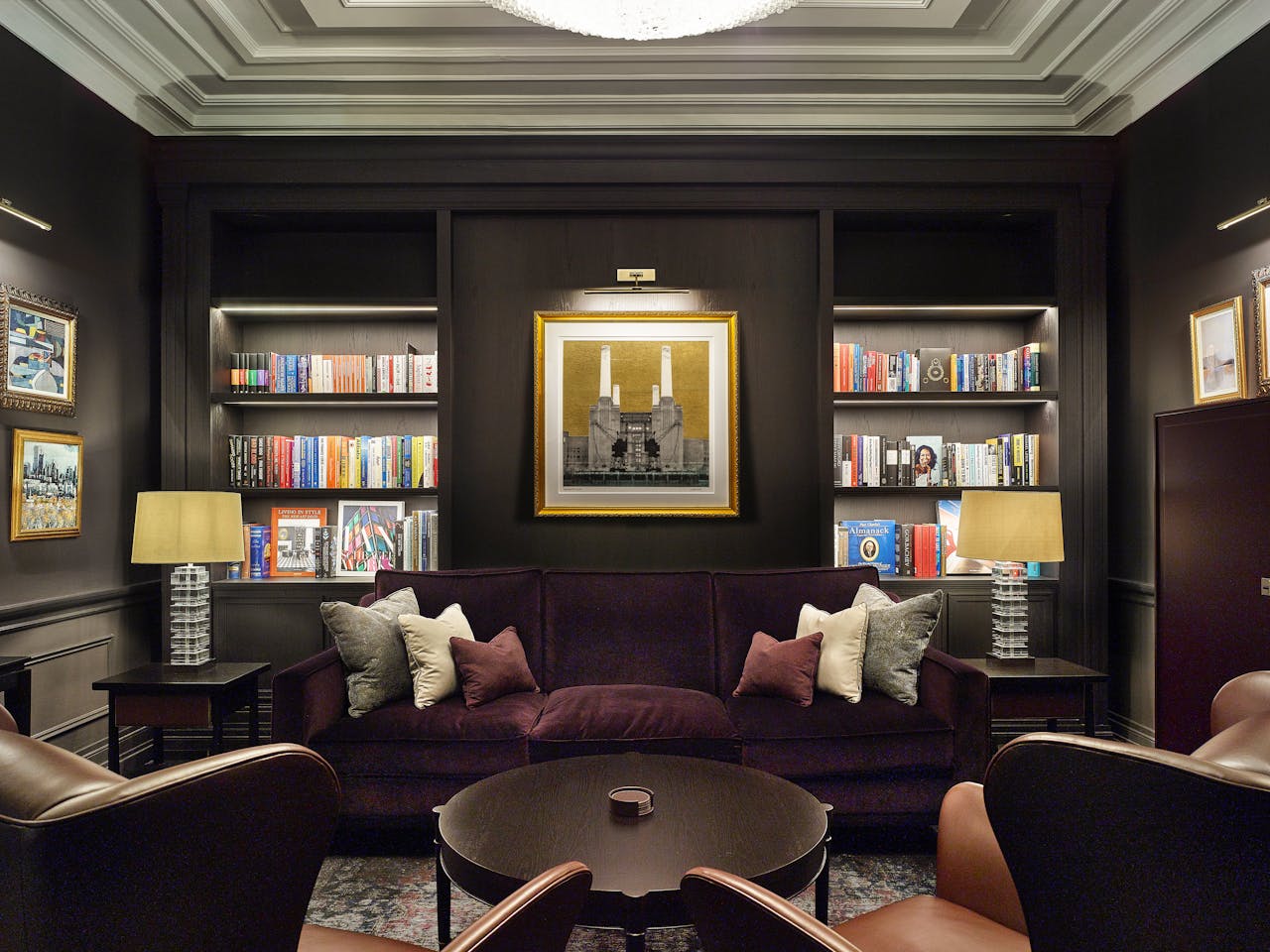 office library design with sofa & coffee table