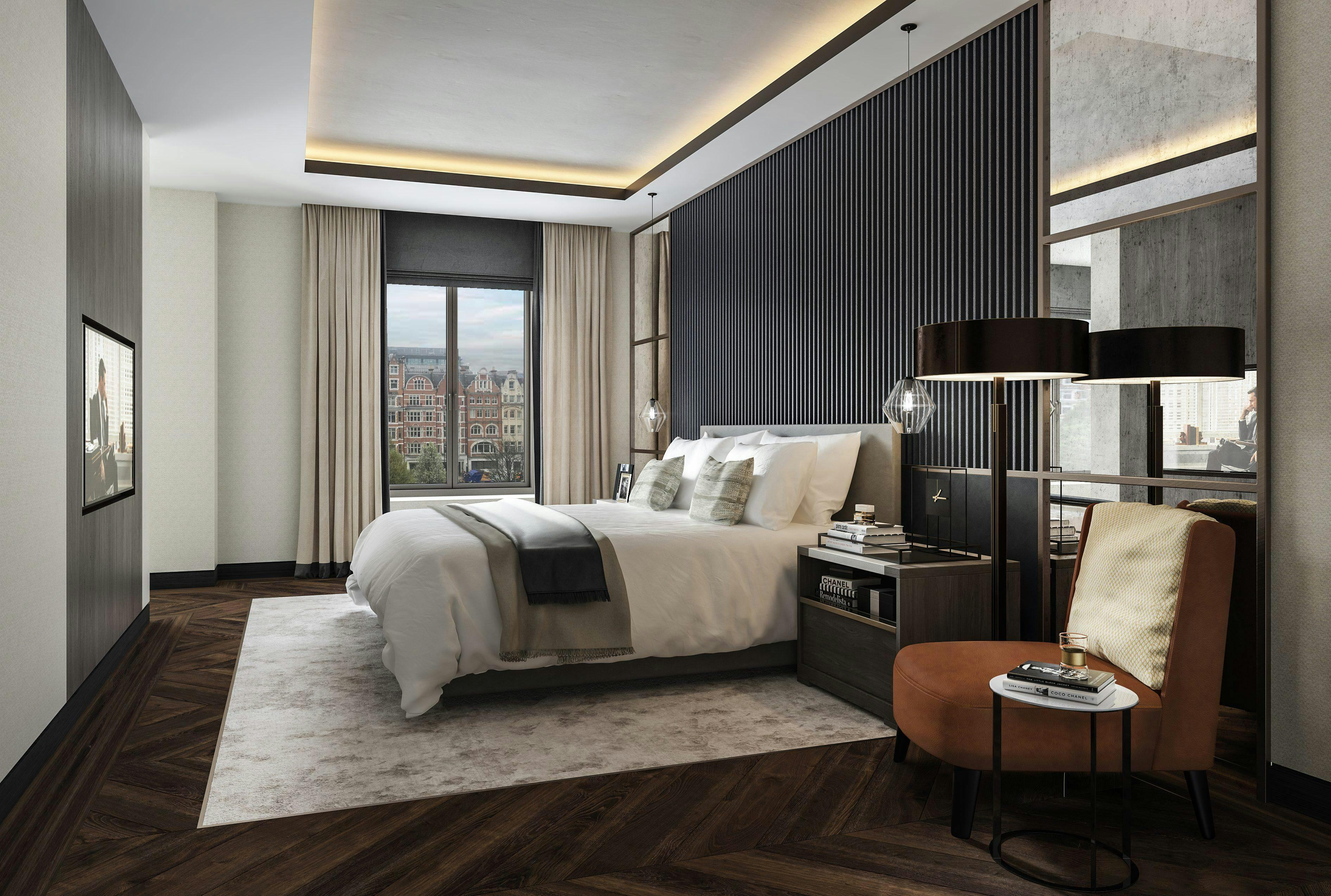 master bedroom ribbed leather headboard with mirror details