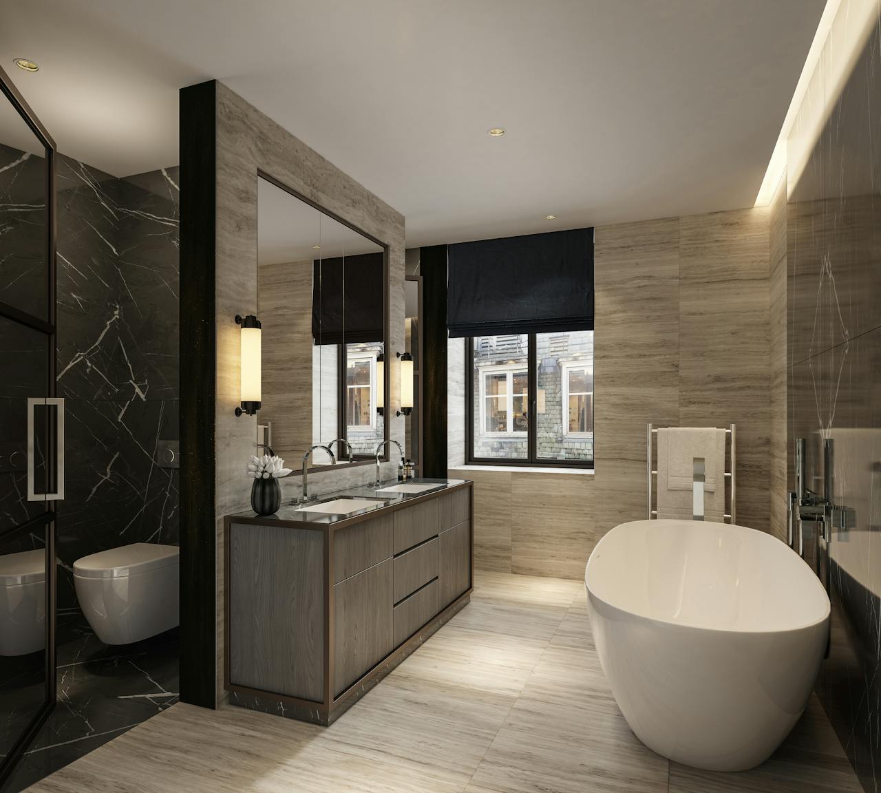 stunning luxury master bathroom with freestanding bathtub & vanity unit
