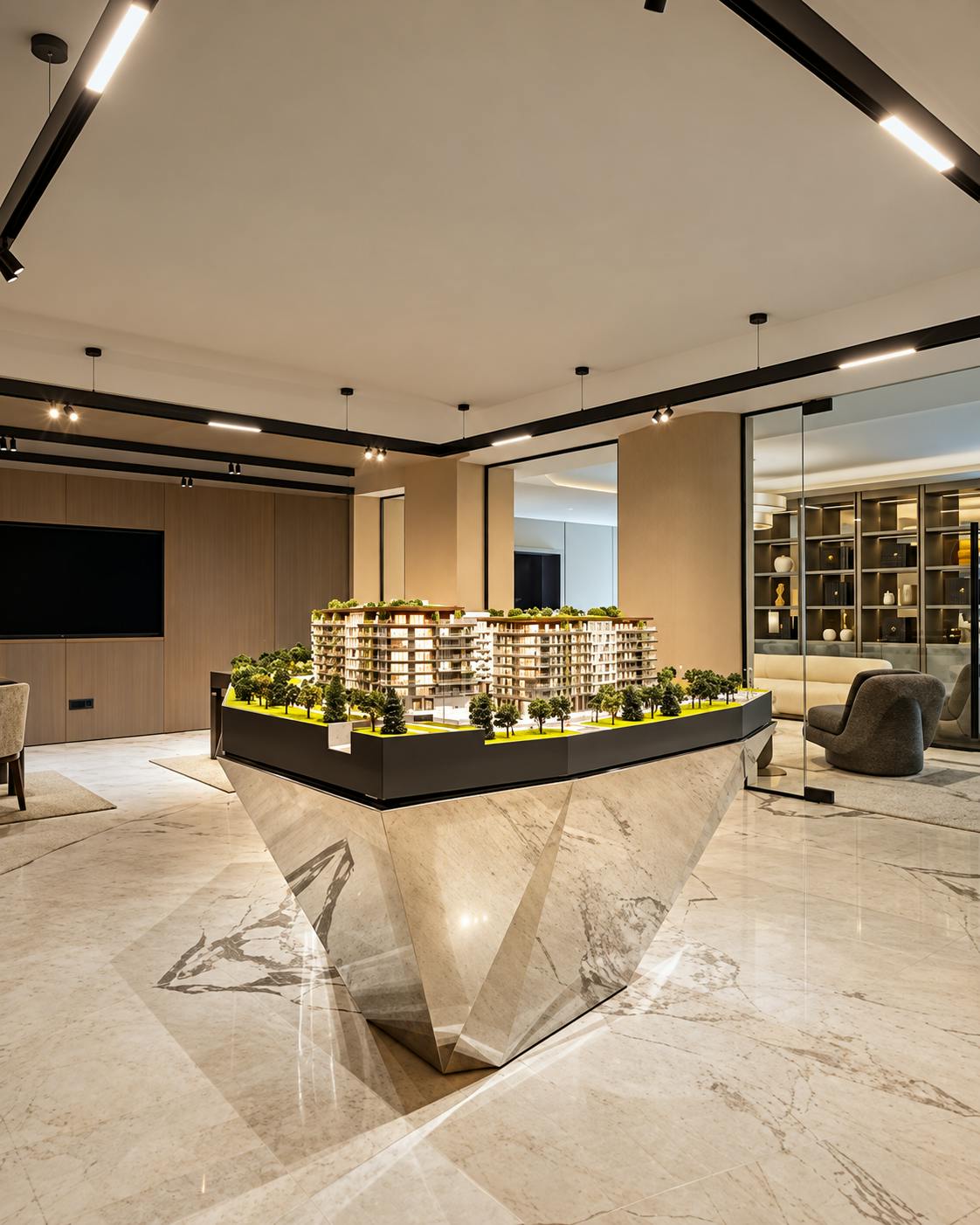 Polished architectural showroom with scale model